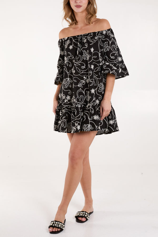 qed london Flower Embroidered Bardot Smock Dress