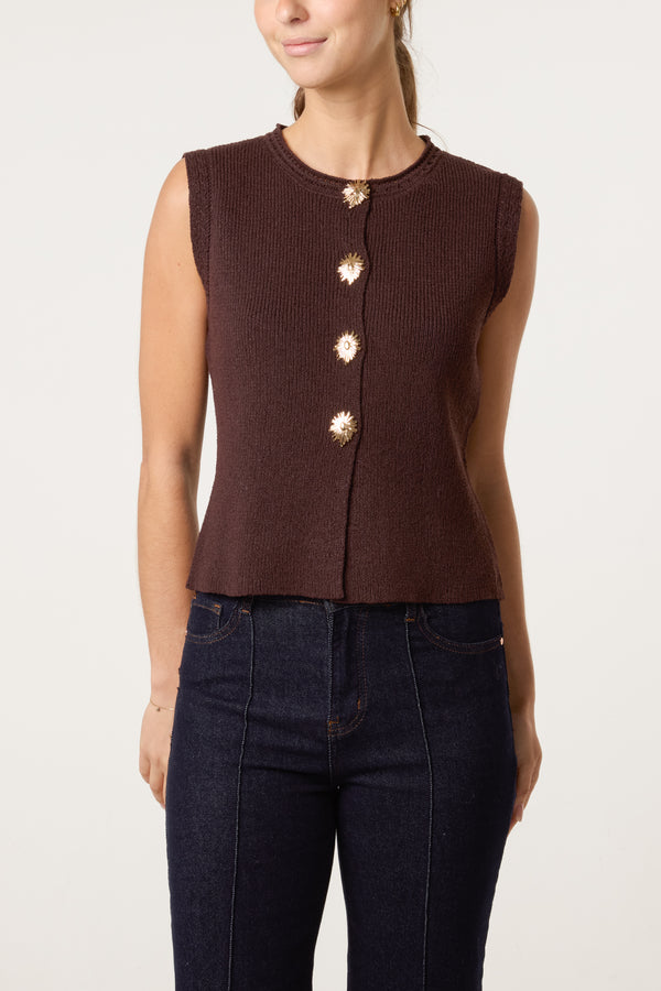qed london Flower Gold Button Knit Vest
