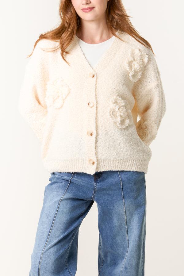 qed london Flower Soft Knitted V-Neck Cardigan