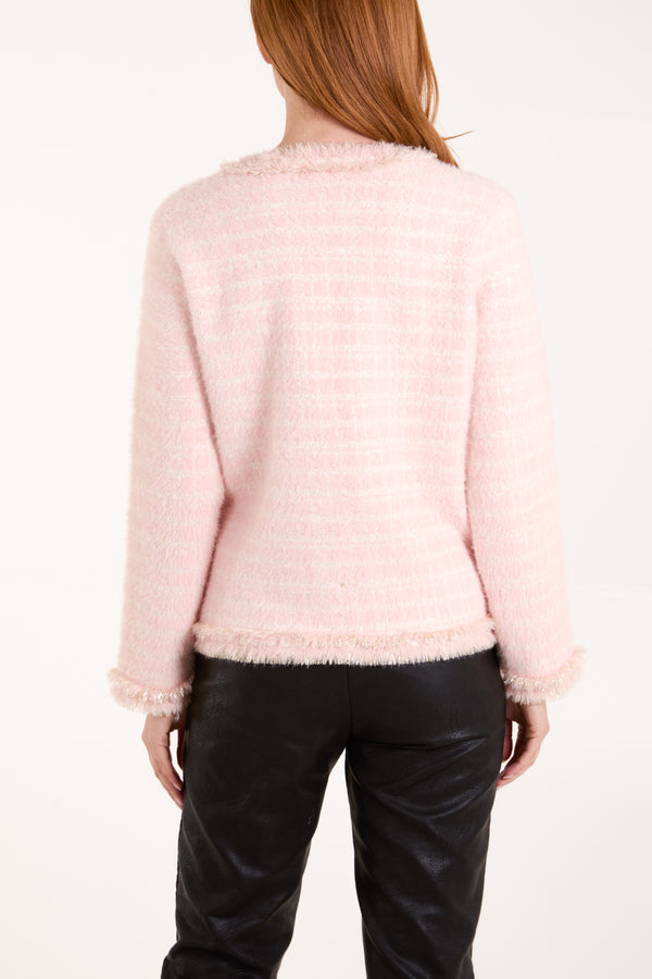 Qed London Fluffy Check Knit Pearl Button Cardigan