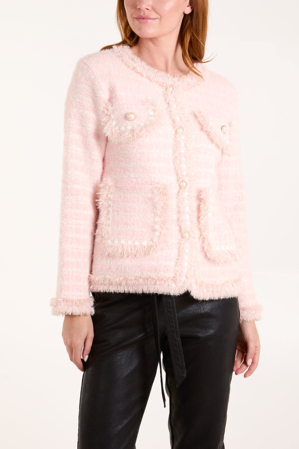 qed london Fluffy Check Knit Pearl Button Cardigan