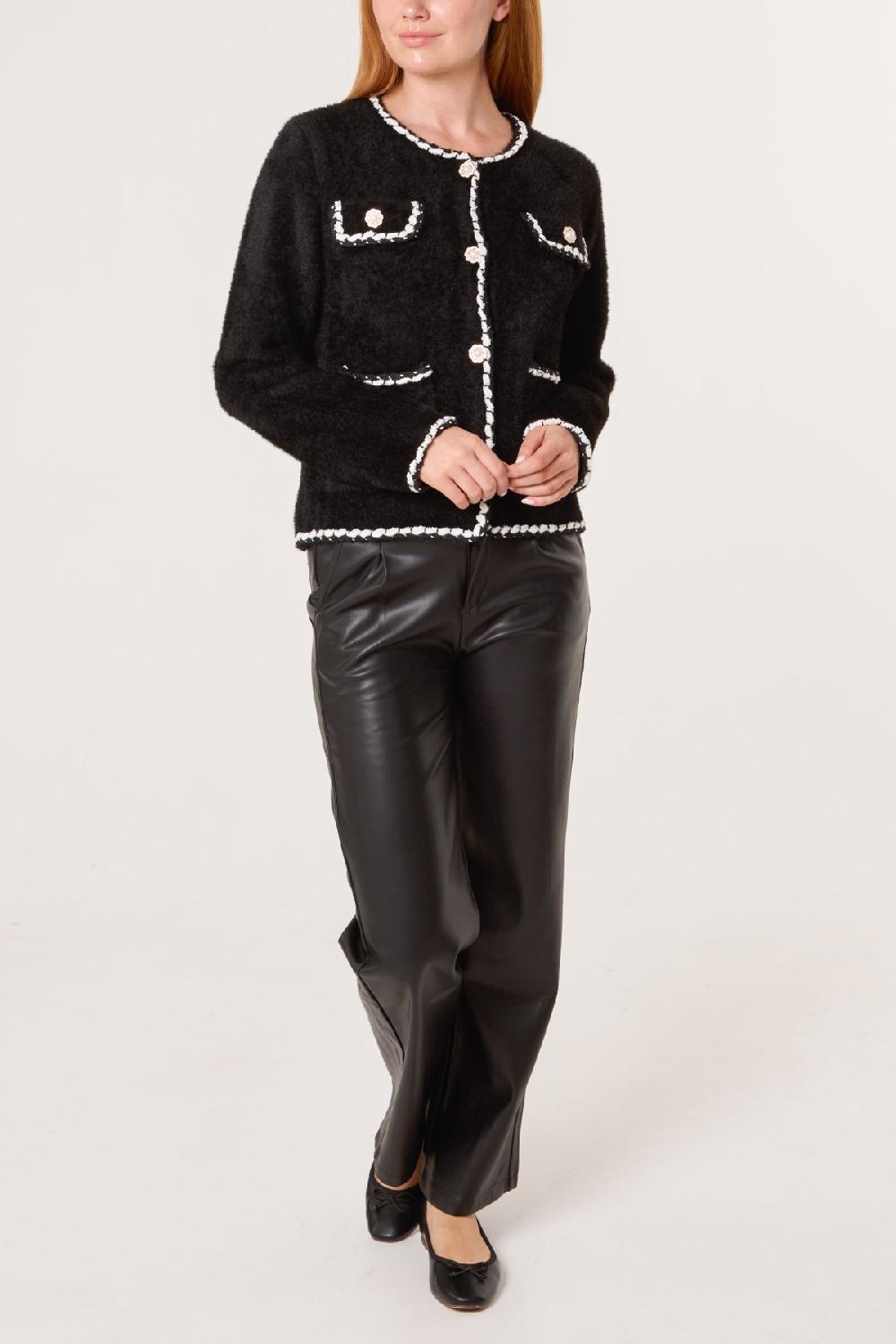 Qed London Fluffy Knit Contrast Rope Trim Cardigan