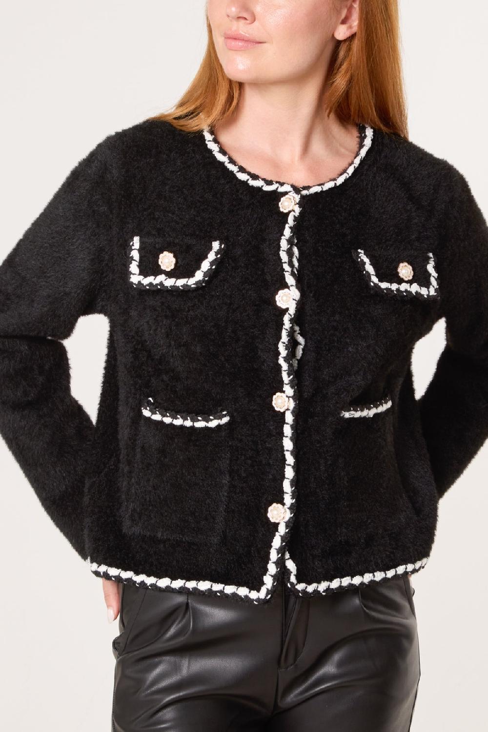 Qed London Fluffy Knit Contrast Rope Trim Cardigan
