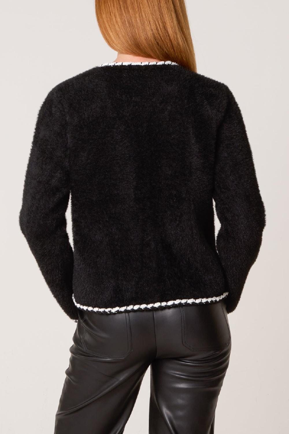 Qed London Fluffy Knit Contrast Rope Trim Cardigan