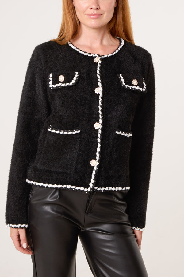 qed london Fluffy Knit Contrast Rope Trim Cardigan