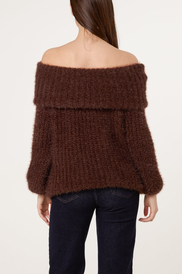Qed London Fluffy Knit Off Shoulders Jumper