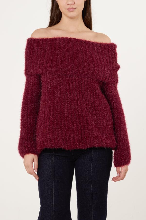 qed london Fluffy Knit Off Shoulders Jumper