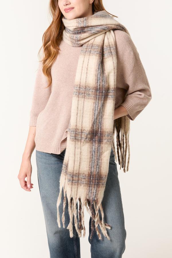 Qed London Fluffy Knit Tartan Tassel Scarf