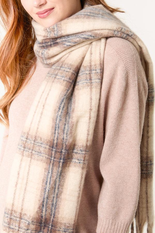 Qed London Fluffy Knit Tartan Tassel Scarf
