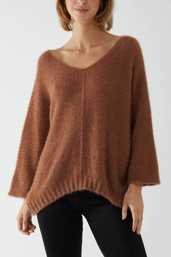 qed london Fluffy V-Neck Exposed Seams Jumper