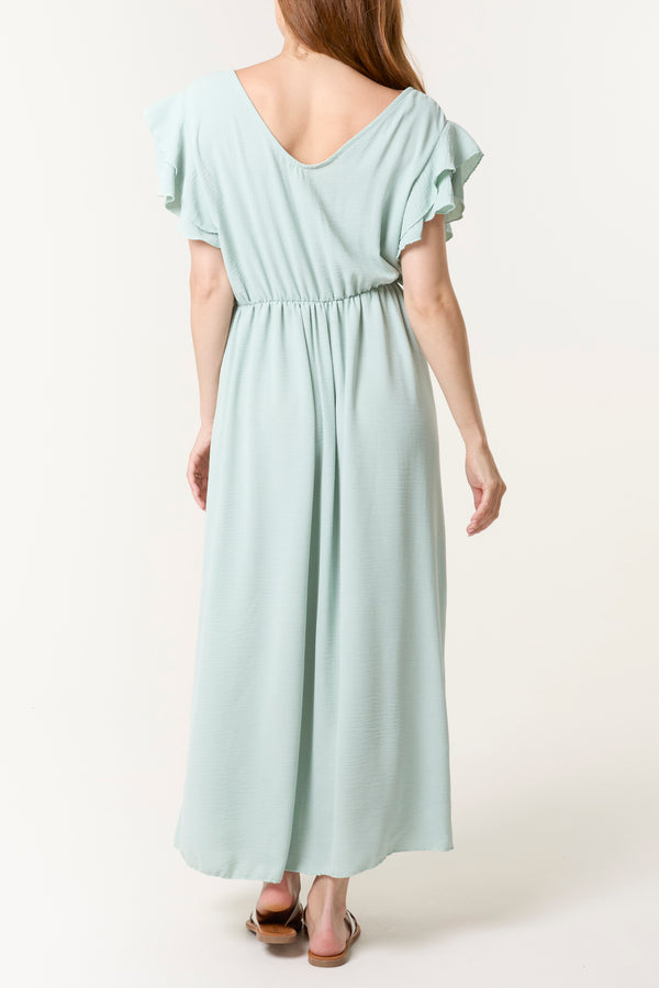 Qed London Flutter Sleeve Button Midi Dress