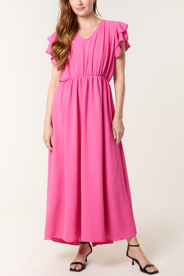 Qed London Flutter Sleeve Button Midi Dress