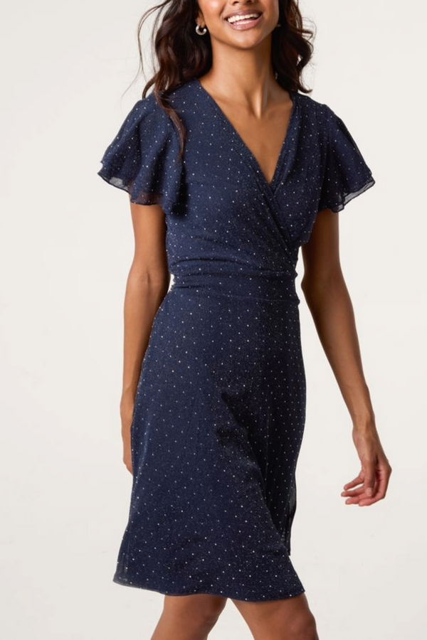 Qed London Flutter Sleeve Diamante Wrap Dress