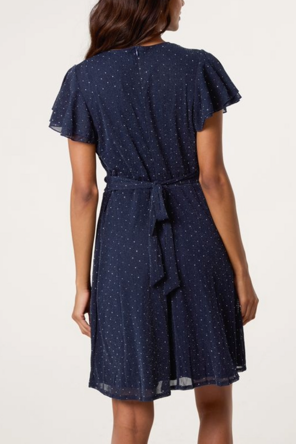 Qed London Flutter Sleeve Diamante Wrap Dress