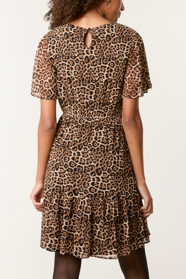 Qed London Flutter Sleeve Round Neck Animal Dress