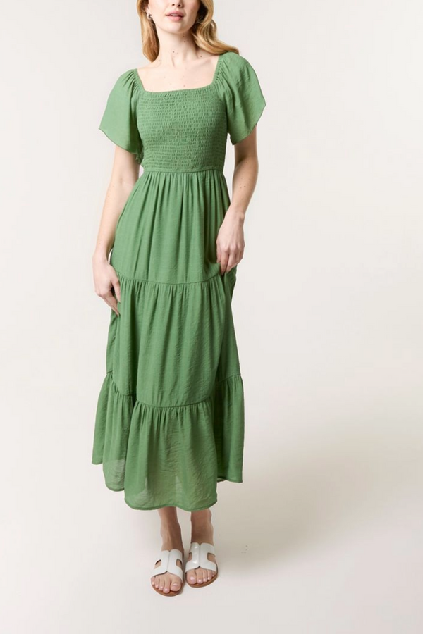 Qed London Flutter Sleeve Shirred & Tiered Dress