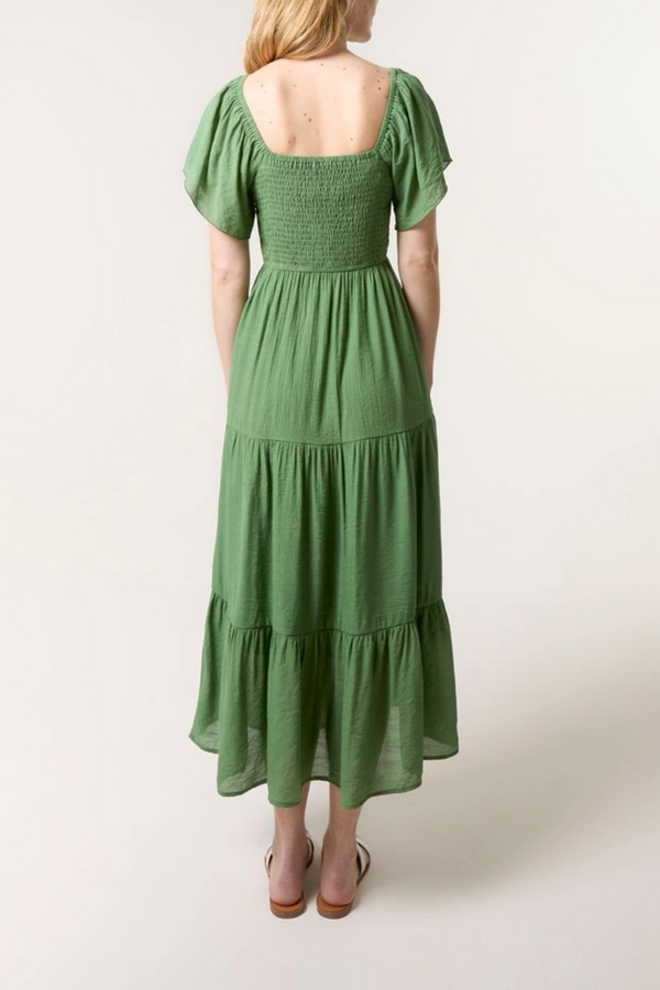 Qed London Flutter Sleeve Shirred & Tiered Dress