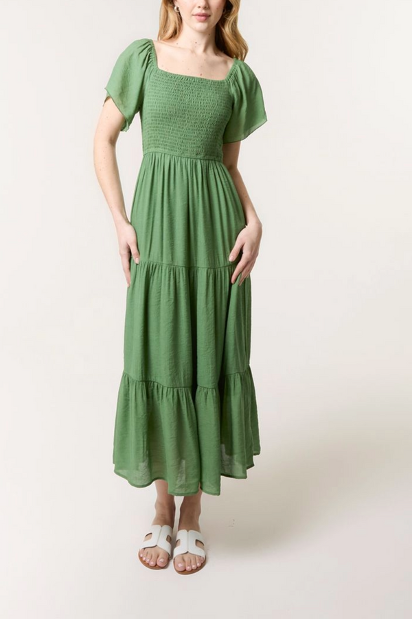 qed london Flutter Sleeve Shirred & Tiered Dress