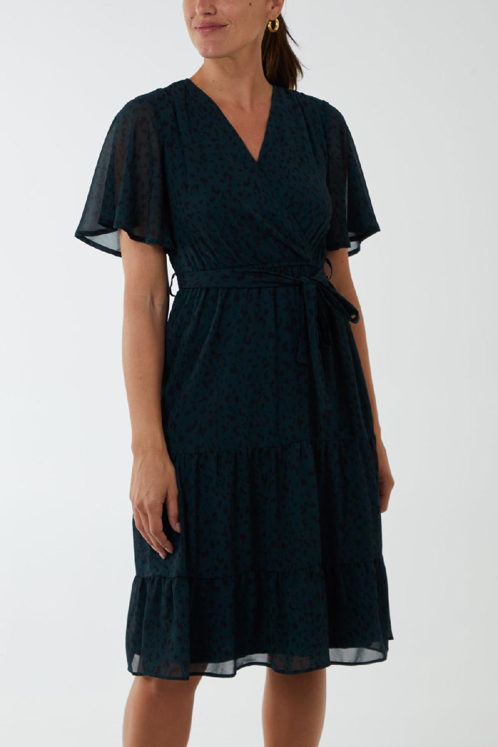 Qed London Flutter Sleeve Wrap Tie Midi Dress