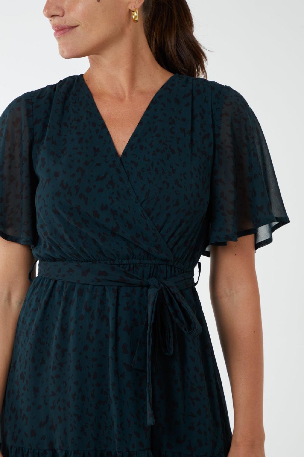 Qed London Flutter Sleeve Wrap Tie Midi Dress