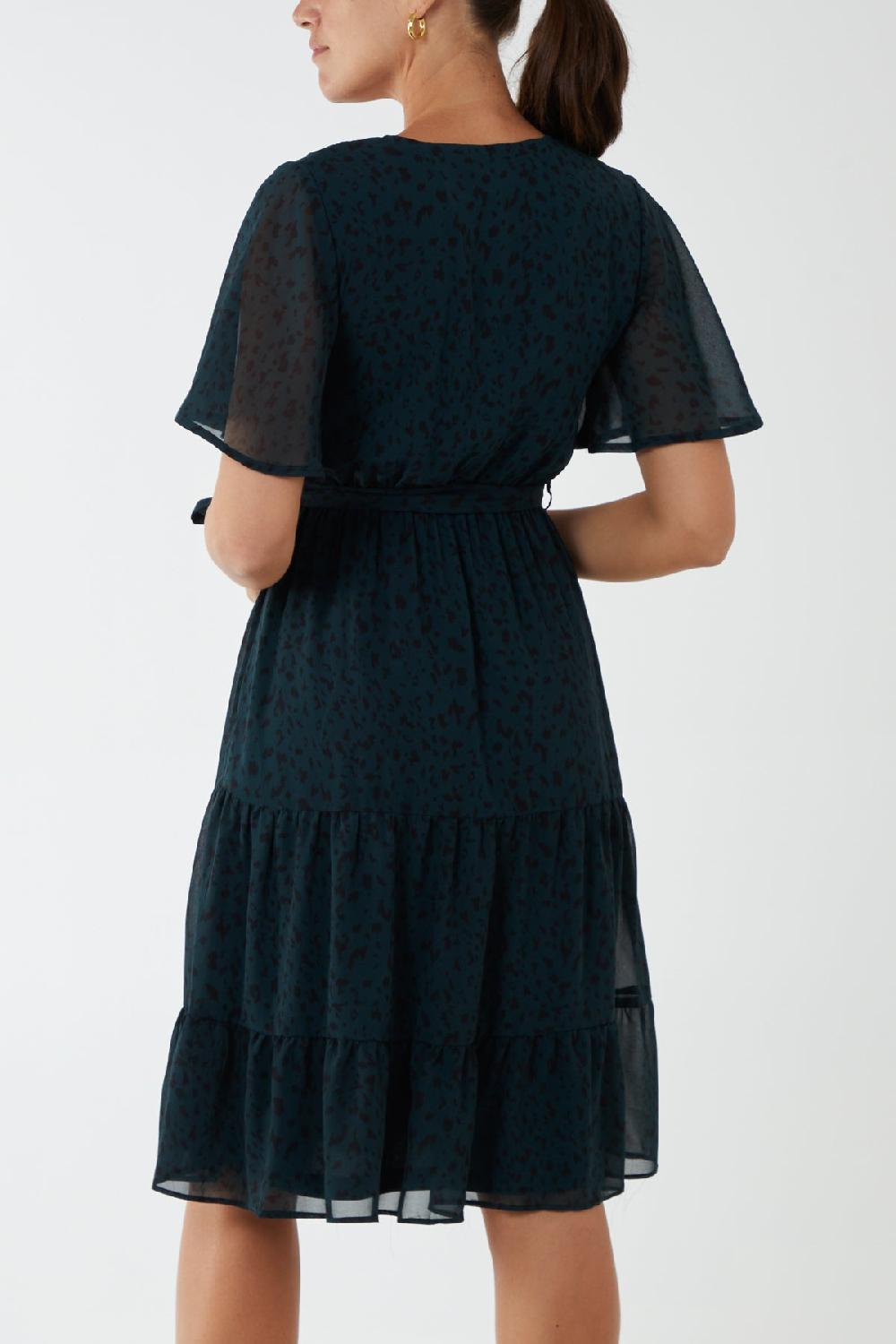 Qed London Flutter Sleeve Wrap Tie Midi Dress