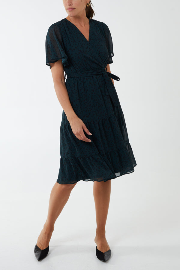 Qed London Flutter Sleeve Wrap Tie Midi Dress