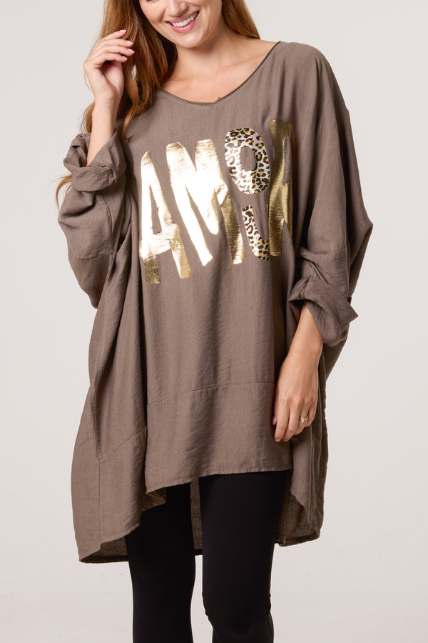 Qed London Foil 'Amour' V-Neck Long Sleeve Top
