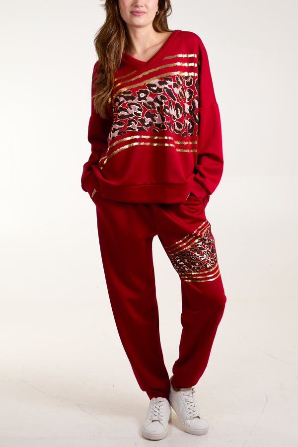 qed london Foil Leopard Sweat Top & Trousers Set