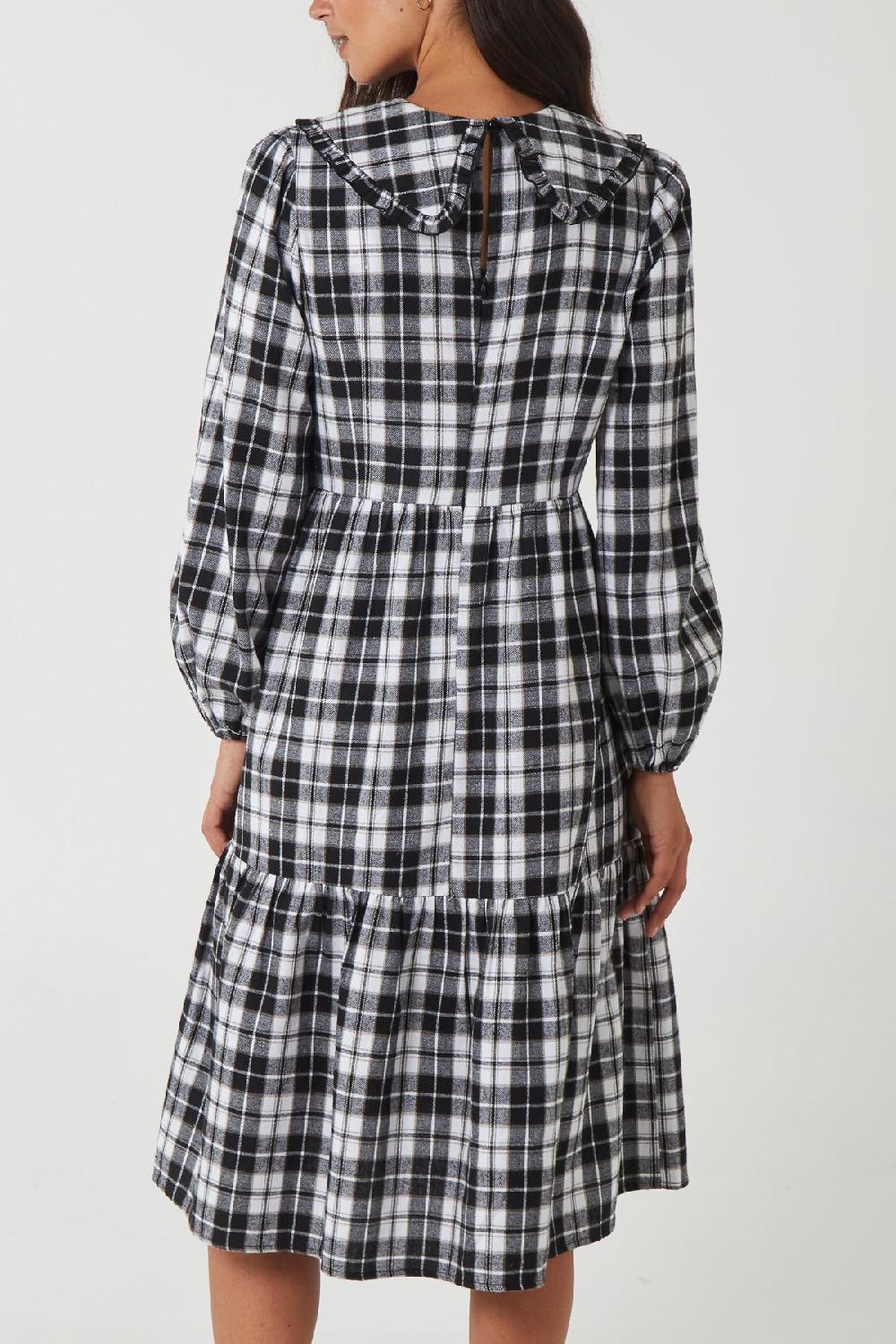 Qed London Frill Collar Tartan Tiered Midi Dress