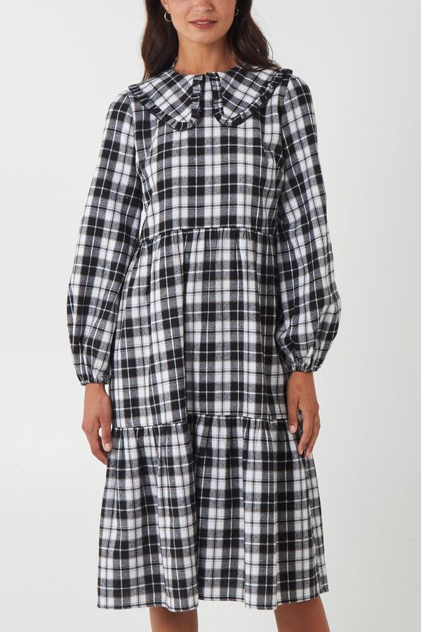 qed london Frill Collar Tartan Tiered Midi Dress