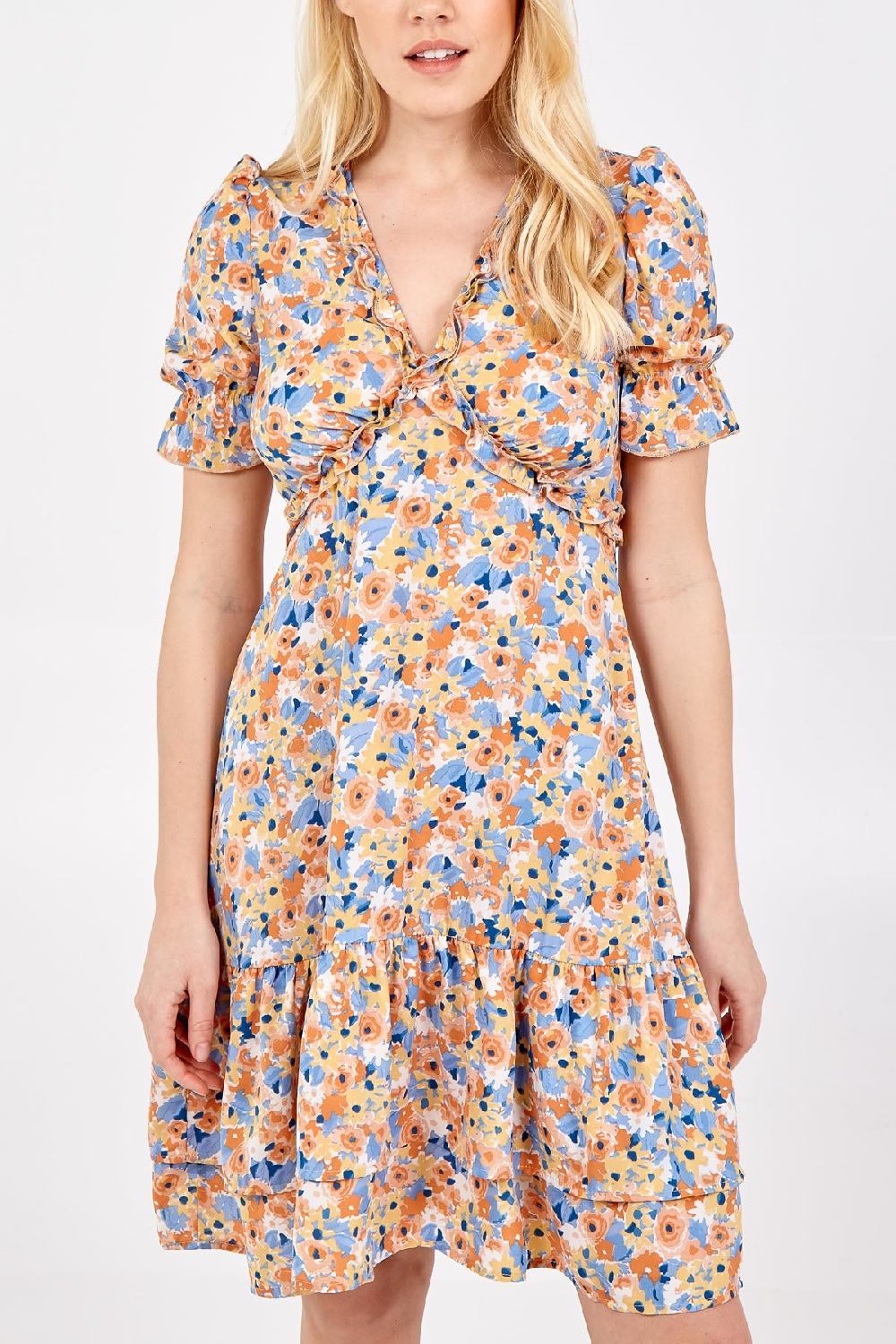 Qed London Frill Detail Floral V-Neck Dress