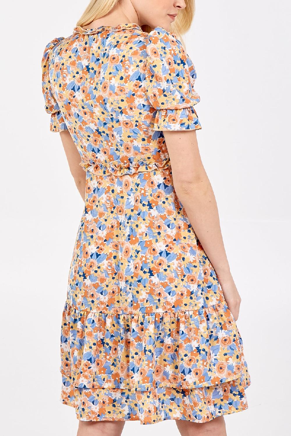 Qed London Frill Detail Floral V-Neck Dress