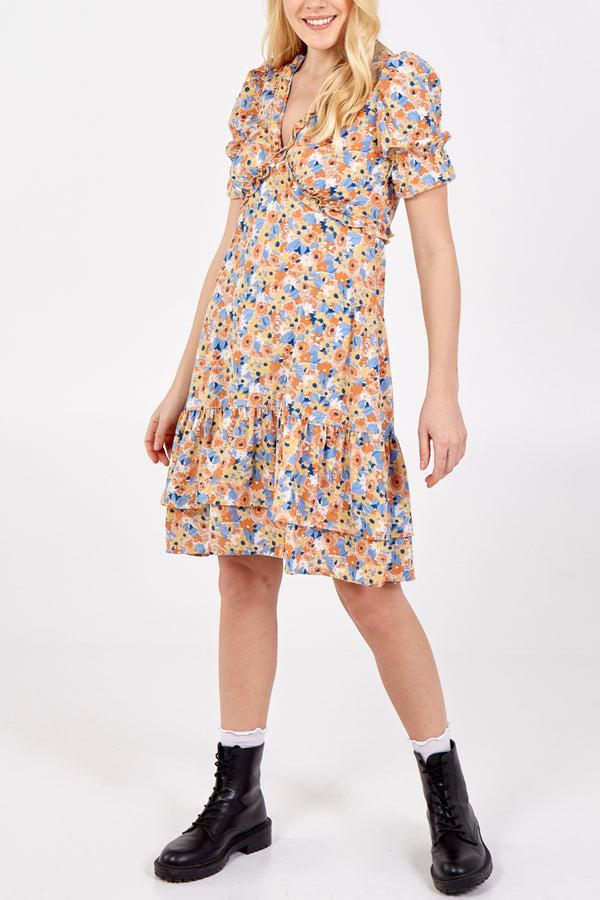 qed london Frill Detail Floral V-Neck Dress