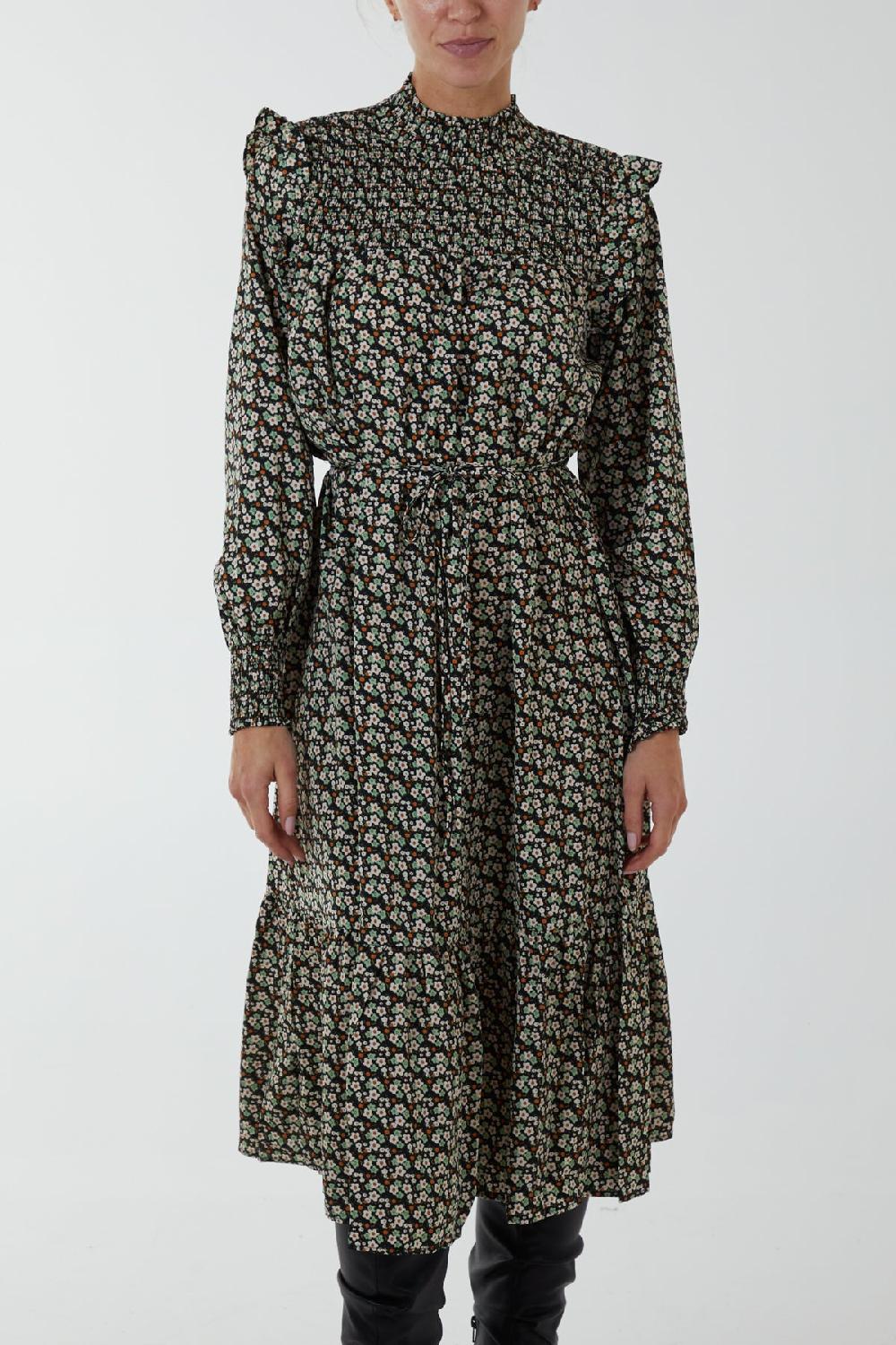 Qed London Frill Shoulder Floral Midi Dress