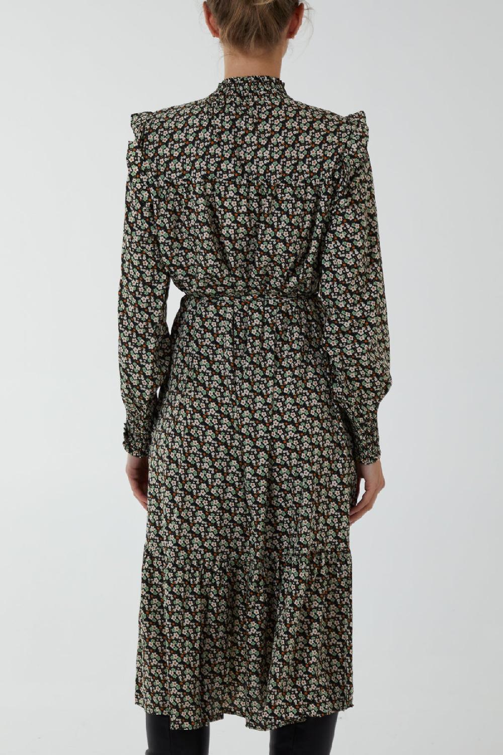 Qed London Frill Shoulder Floral Midi Dress