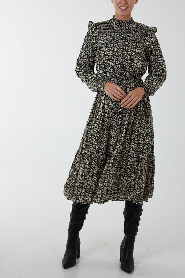 qed london Frill Shoulder Floral Midi Dress