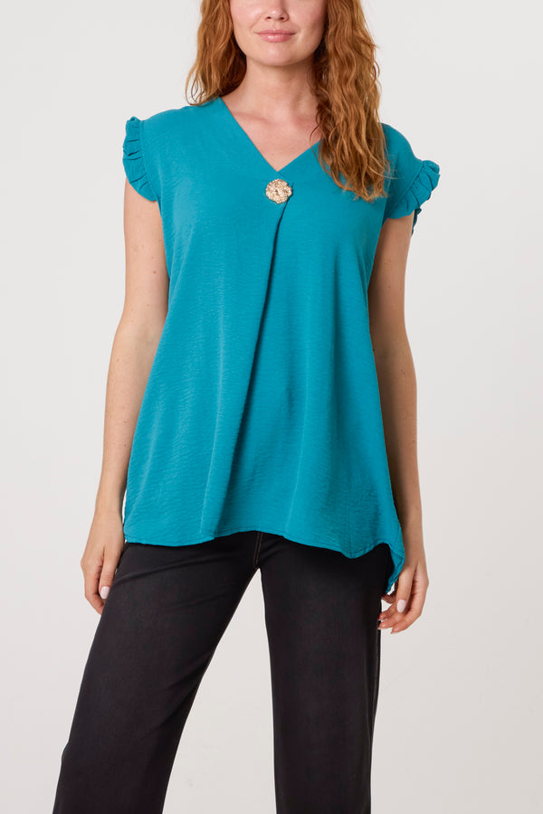 Qed London Frill Sleeve Front Button V-Neck Top