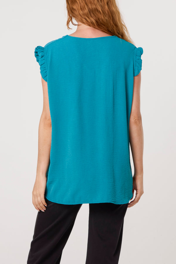 Qed London Frill Sleeve Front Button V-Neck Top
