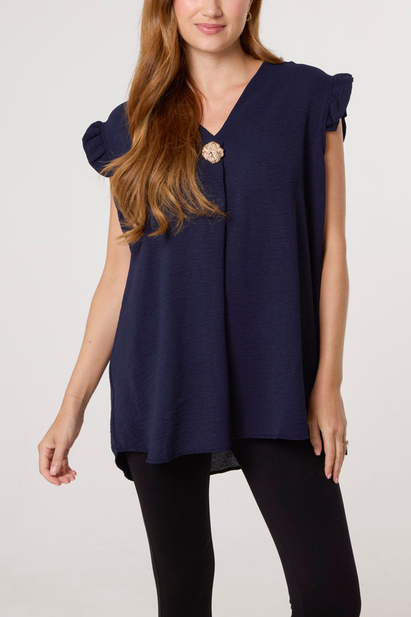 qed london Frill Sleeve Front Button V-Neck Top