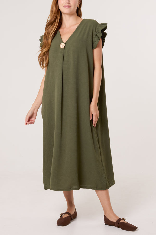 qed london Frill Sleeve Pockets Midi Dress