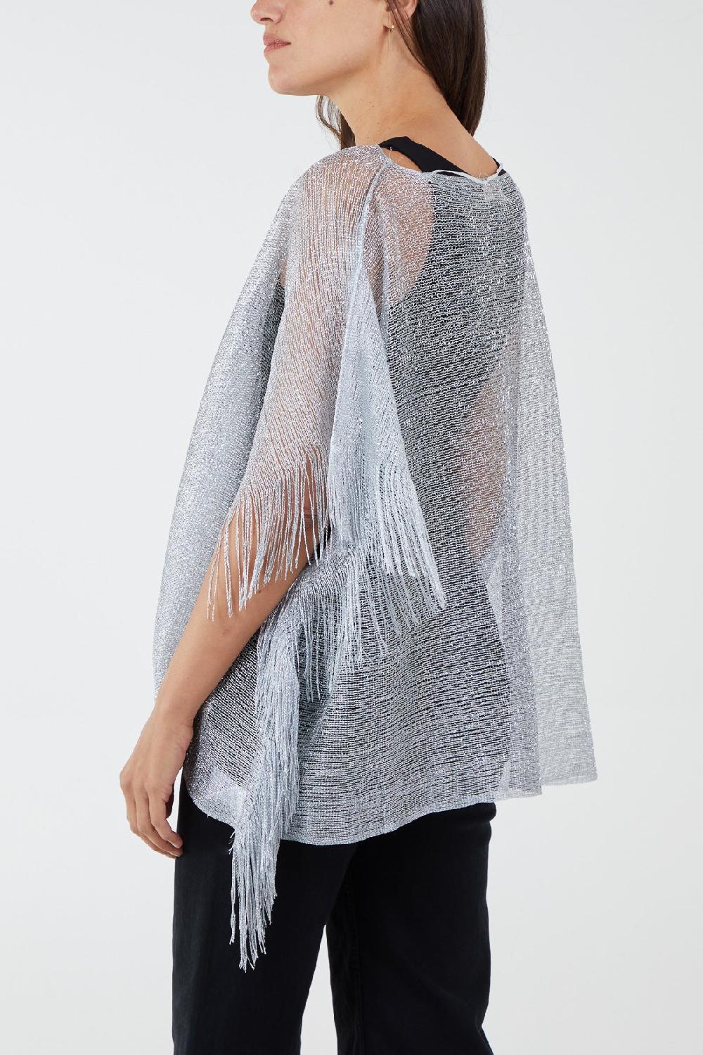 Qed London Fringe Metallic Yarn Poncho