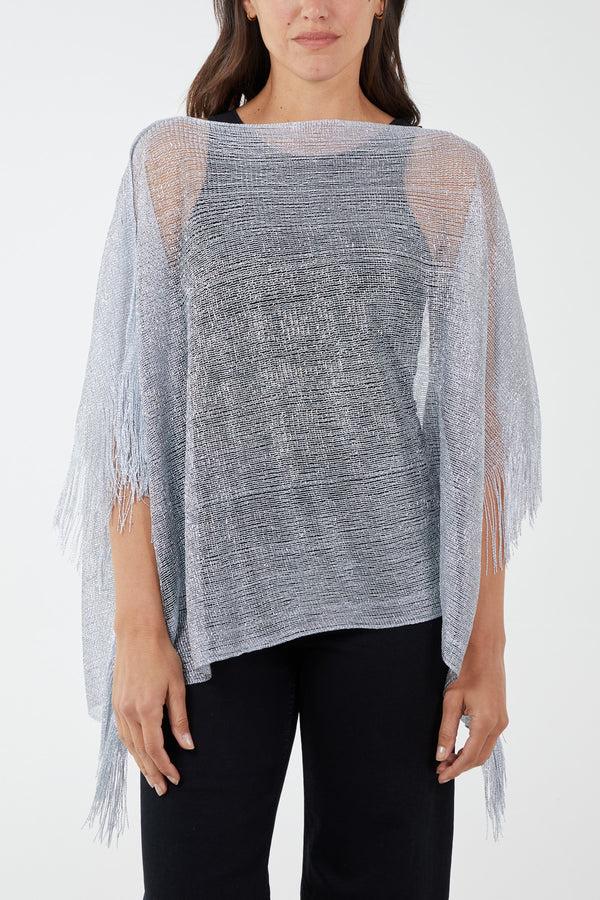 qed london Fringe Metallic Yarn Poncho