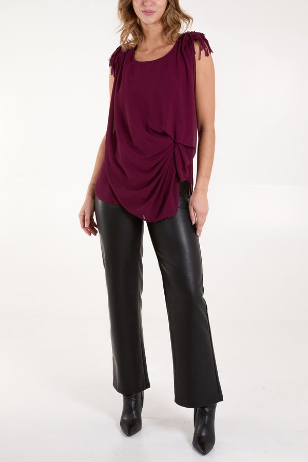 Qed London Fringe Padded Shoulder Draped Top