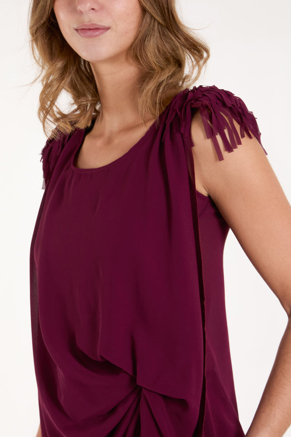 Qed London Fringe Padded Shoulder Draped Top