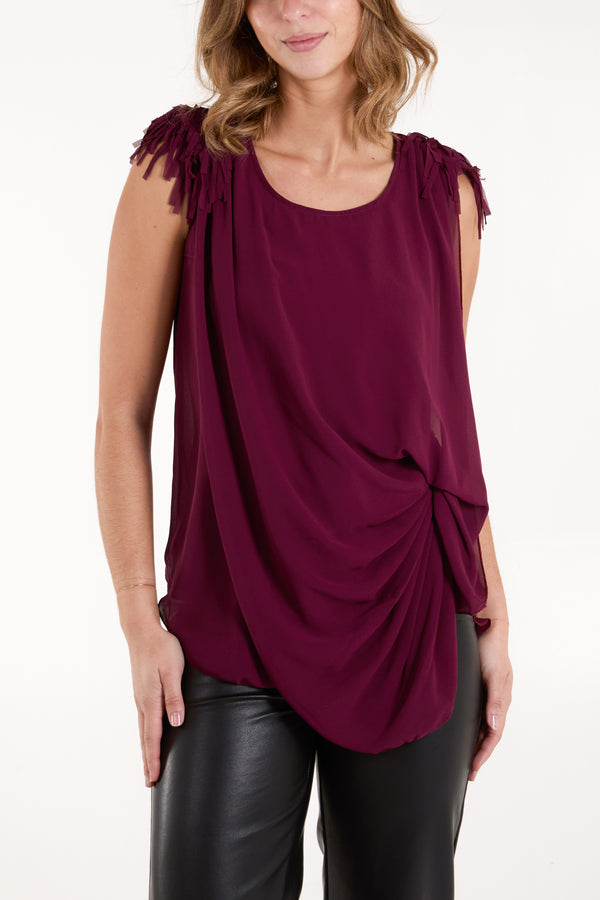 qed london Fringe Padded Shoulder Draped Top