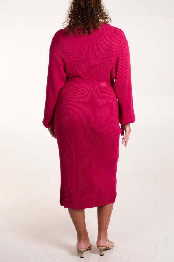 Qed London Fuchsia Long Sleeve Wrap Dress