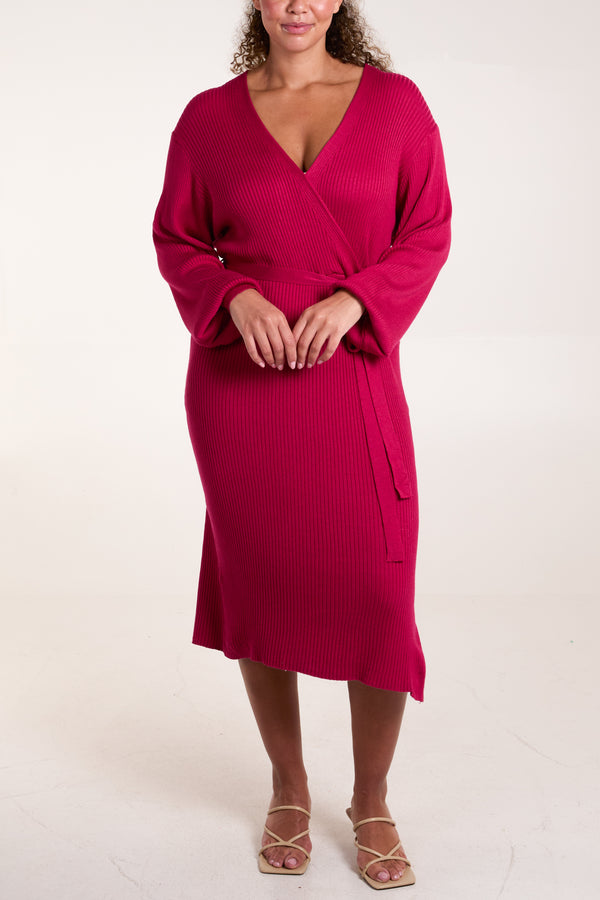 Qed London Fuchsia Long Sleeve Wrap Dress