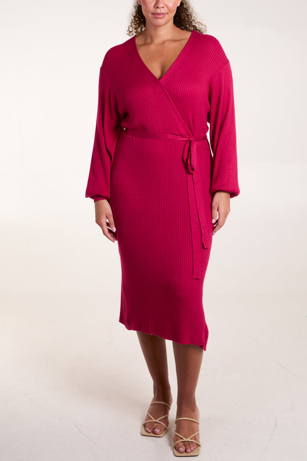 qed london Fuchsia Long Sleeve Wrap Dress