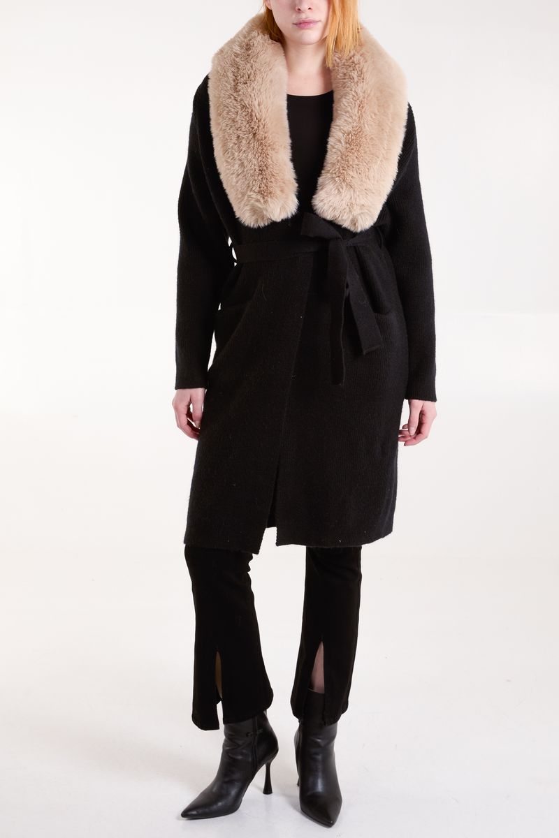 Qed London Fur Collar Two Pocket Cardigan