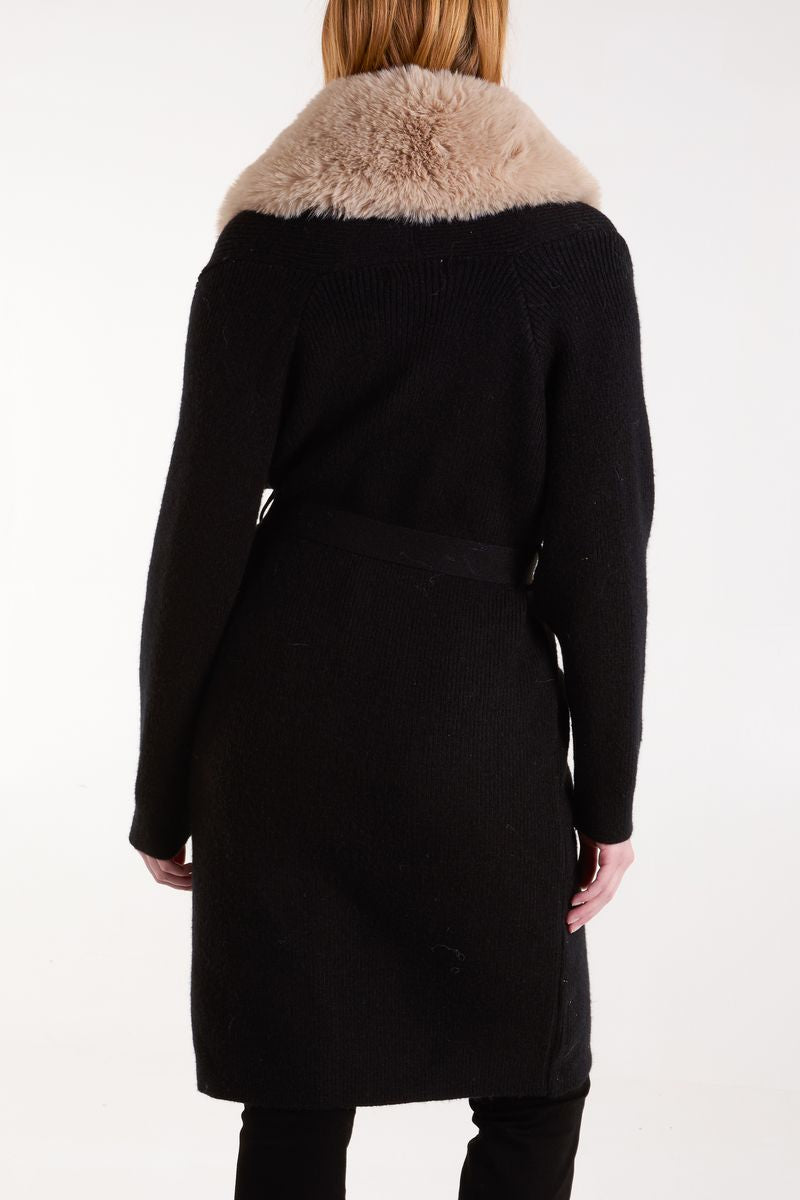 Qed London Fur Collar Two Pocket Cardigan